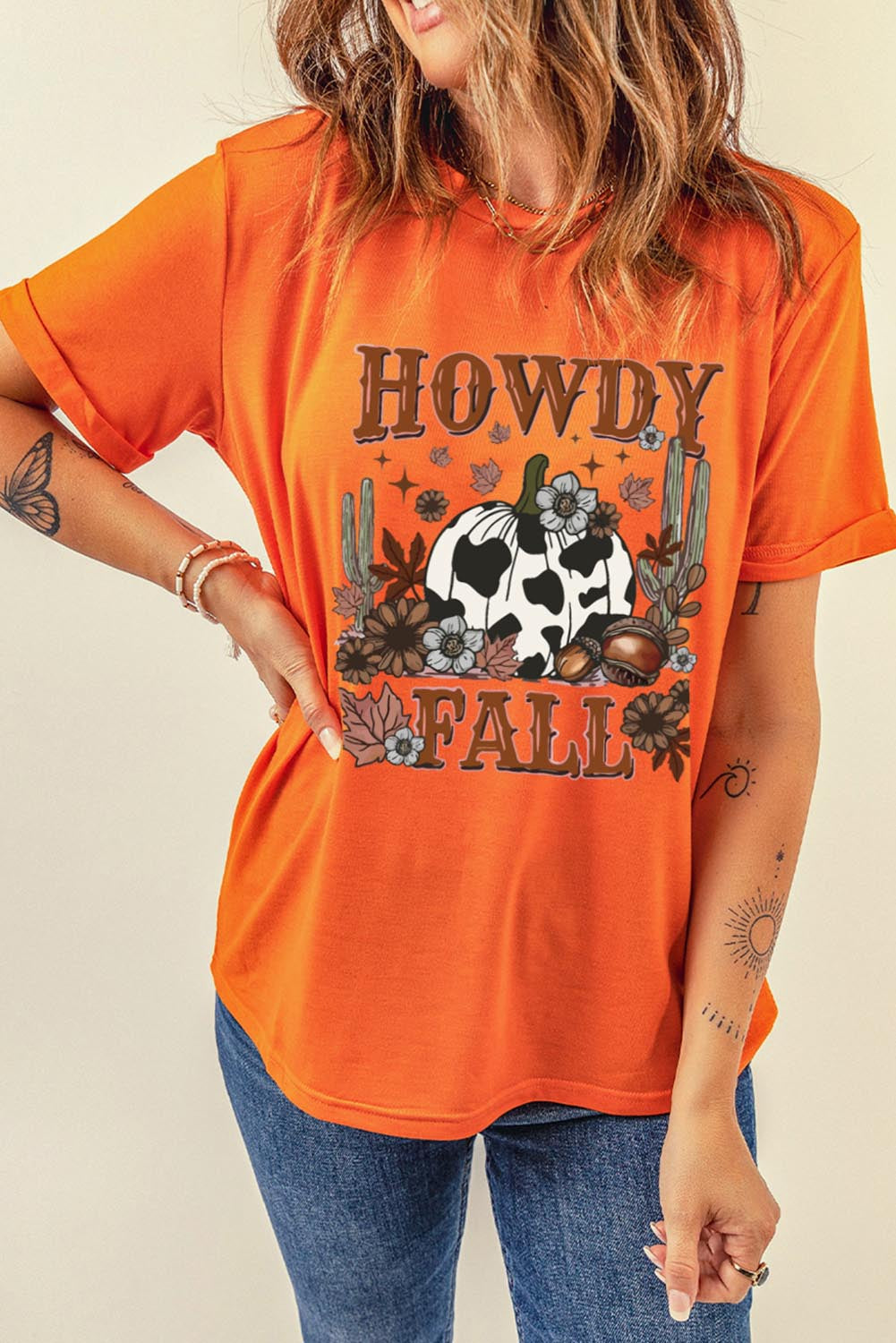 Orange HOWDY FALL Western Pumpkin Graphic T Shirt