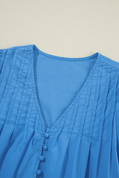 Blue Solid Color Pleated Puff Short Sleeve Shift Dress