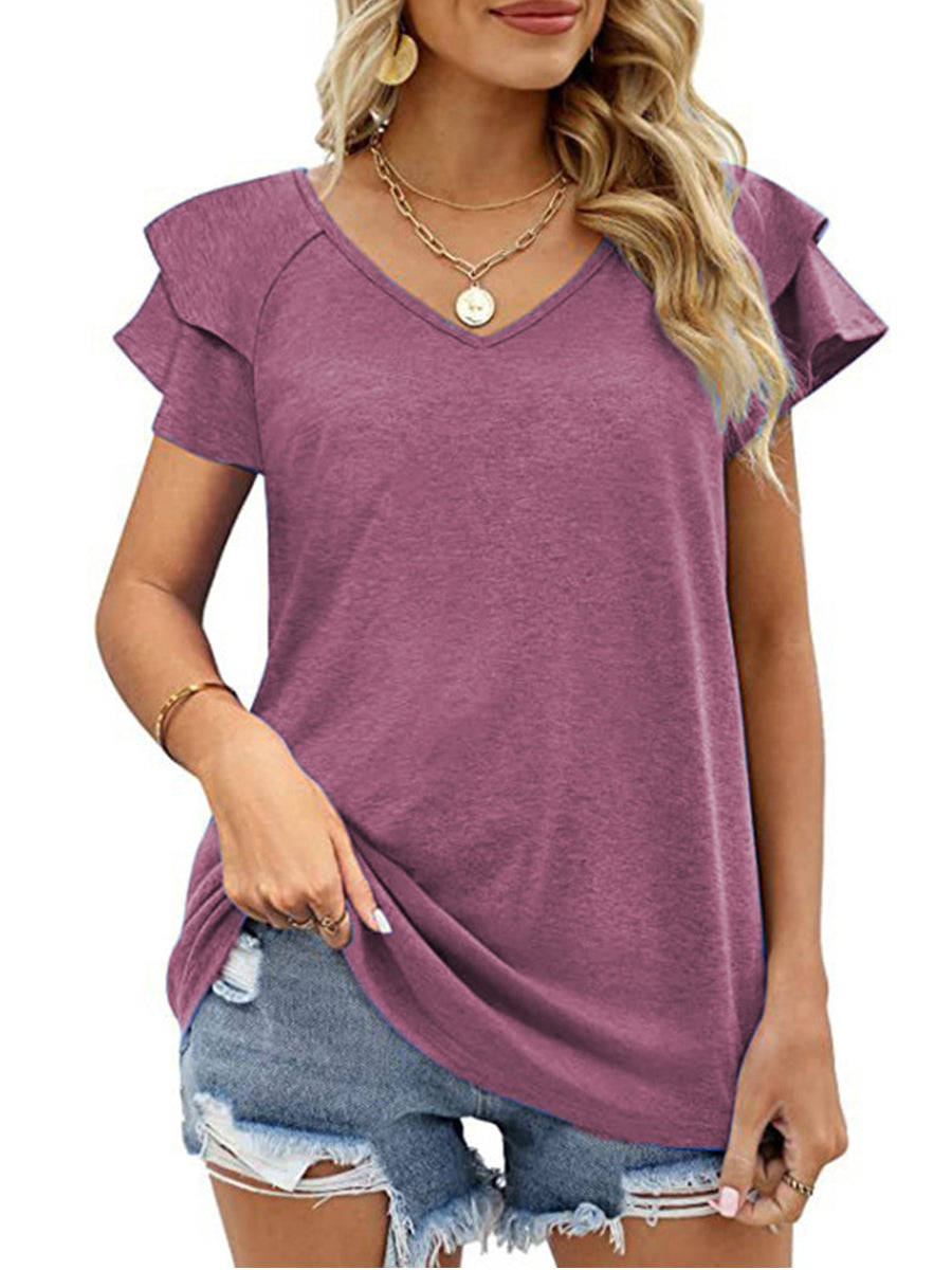 T-Shirts - Solid Color V-Neck Ruffled Sleeves Loose T-Shirt - MsDressly