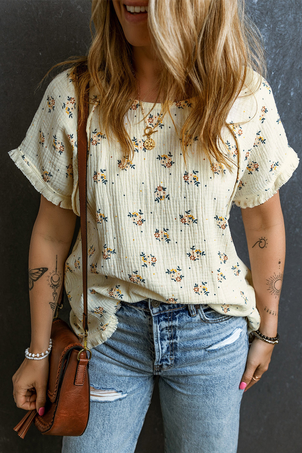 Beige Floral Detail Fringe Trimming Textured Top