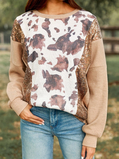 Abstract Sparkle Sequin Embellished Khaki Pullover Shirt