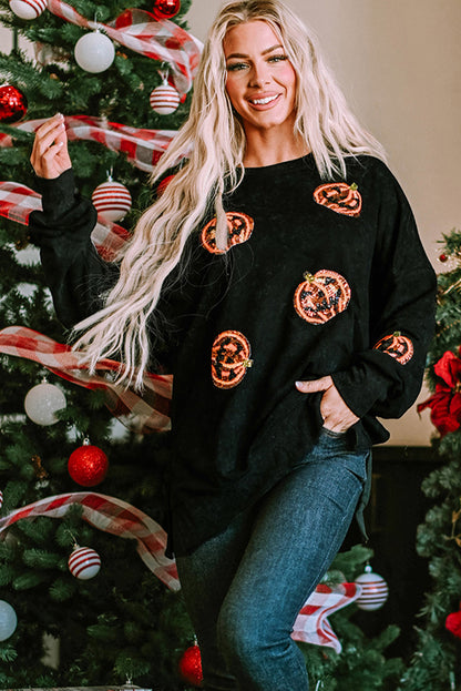 Black Sequined Jack O Lantern Split Hem Baggy Sweatshirt