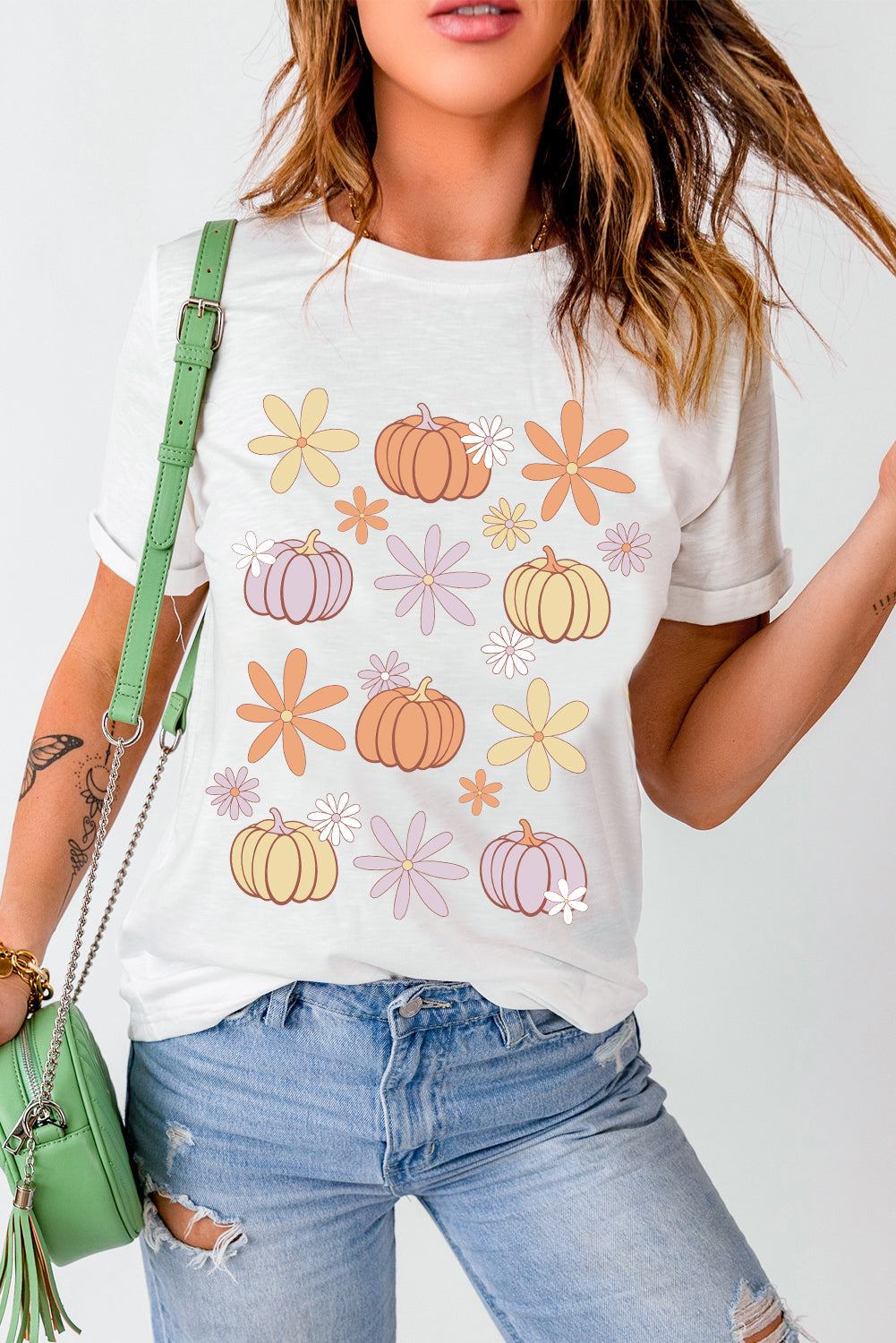 White Floral Pumpkin Graphic Crewneck Halloween T Shirt