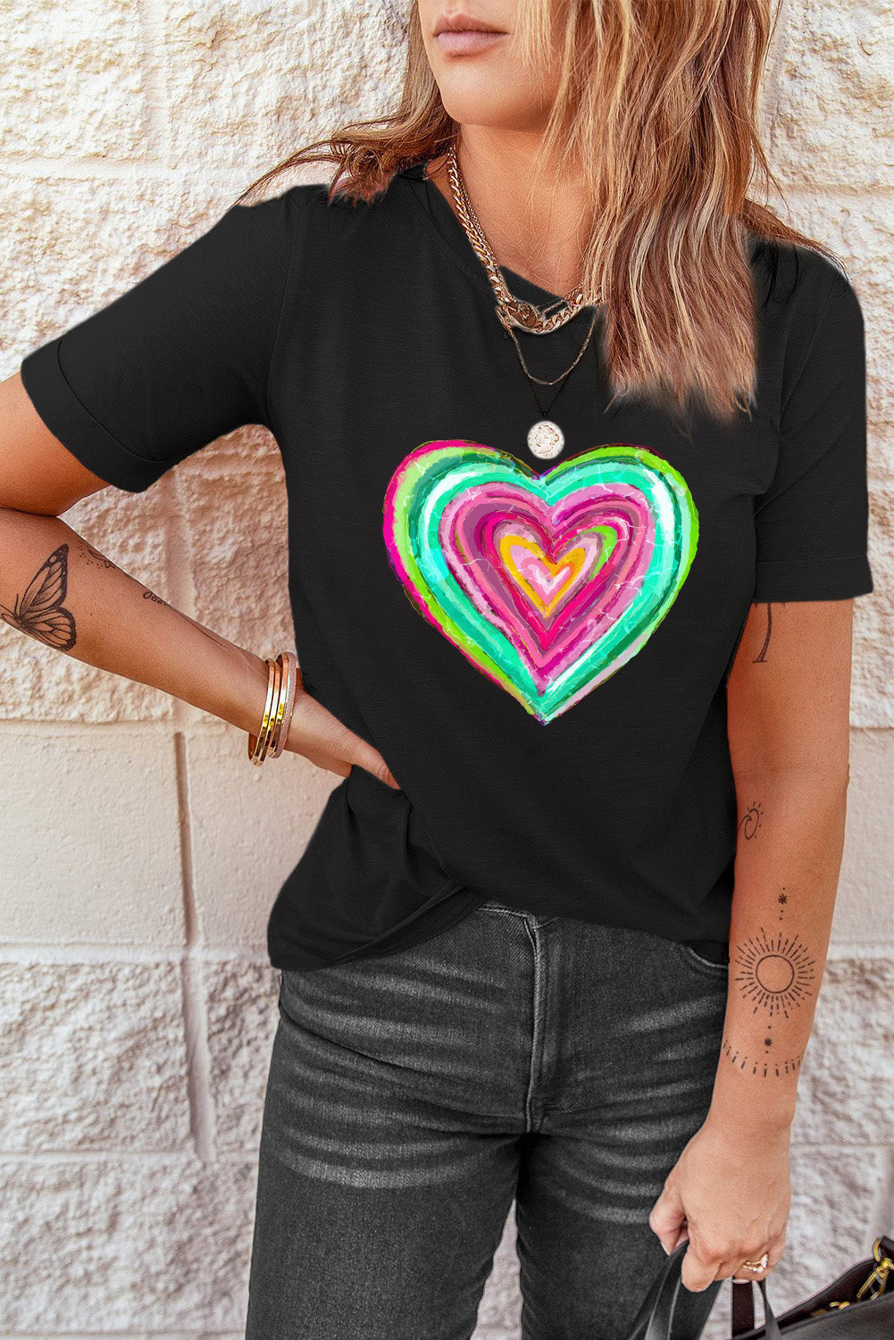 Black Valentine Heart Shaped Print Crew Neck T Shirt