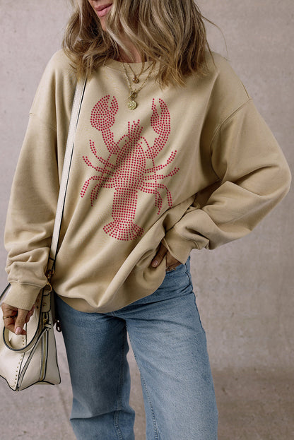 Parchment Rhinestone Crawfish Graphic Crewneck Oversized Sweatshirt