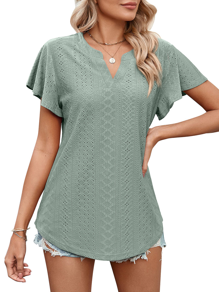 T-Shirts - Solid Color Hollow V-Neck Ruffle Sleeve Casual T-Shirt - MsDressly