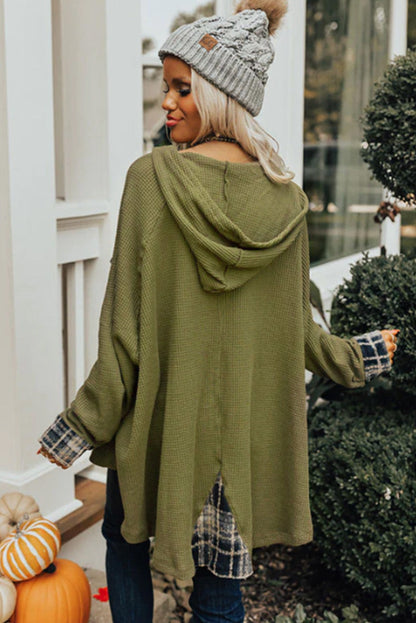 Green Plaid Patchwork Waffle Knit Henley Hoodie with Oversized Fit