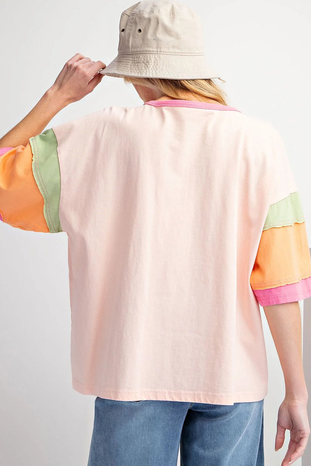 Pink Sequin Disco Ball Color Block Sleeve T-Shirts