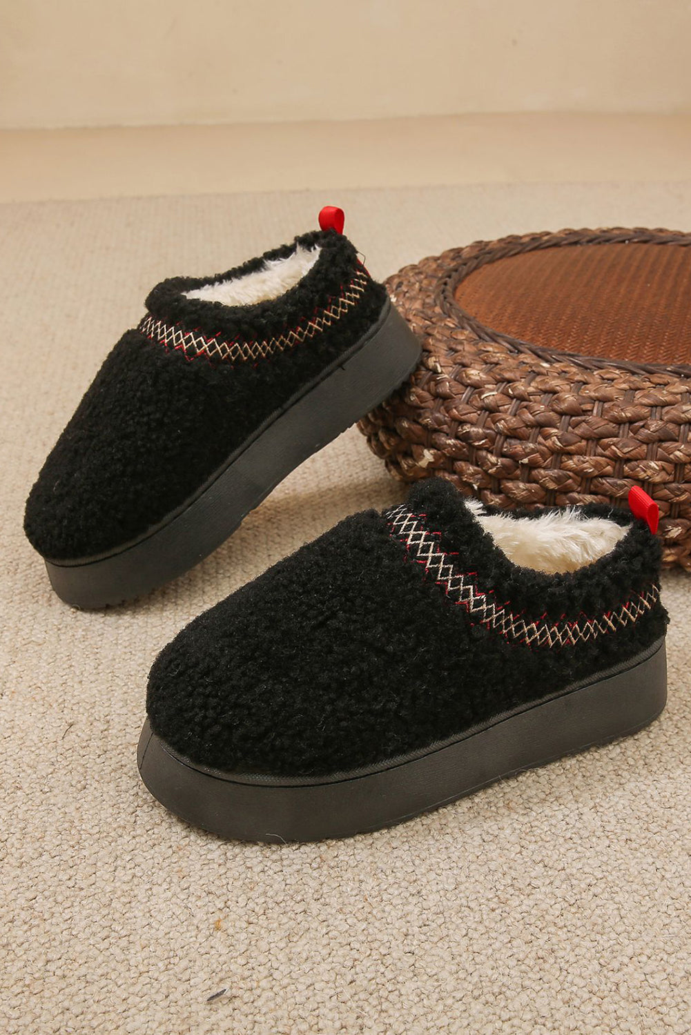 Black Embroidered Sherpa Plush Thick Sole Snow Boots