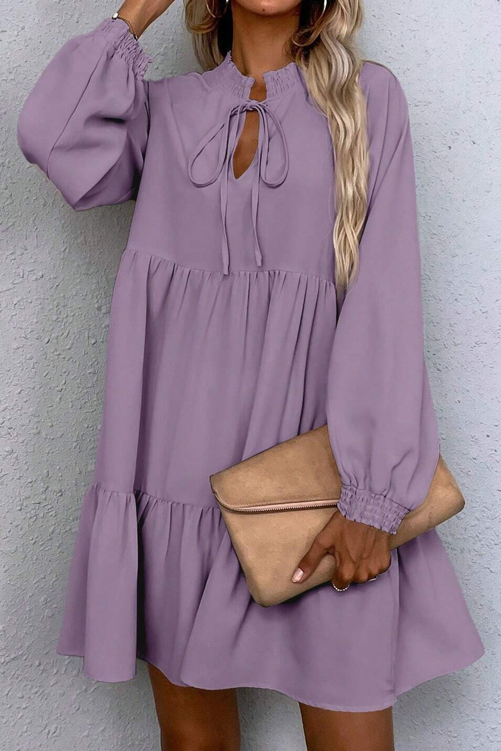 Lavendula Tie Split Neck Smocked Detail Long Puff Sleeve Ruffle Hem Loose Dress