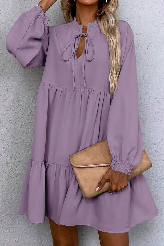 Lavendula Tie Split Neck Smocked Detail Long Puff Sleeve Ruffle Hem Loose Dress