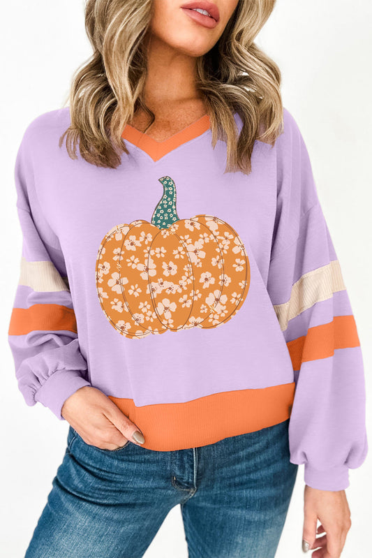 Orchid Bouquet Halloween Floral Pumpkin Color Block V Neck Sweatshirt