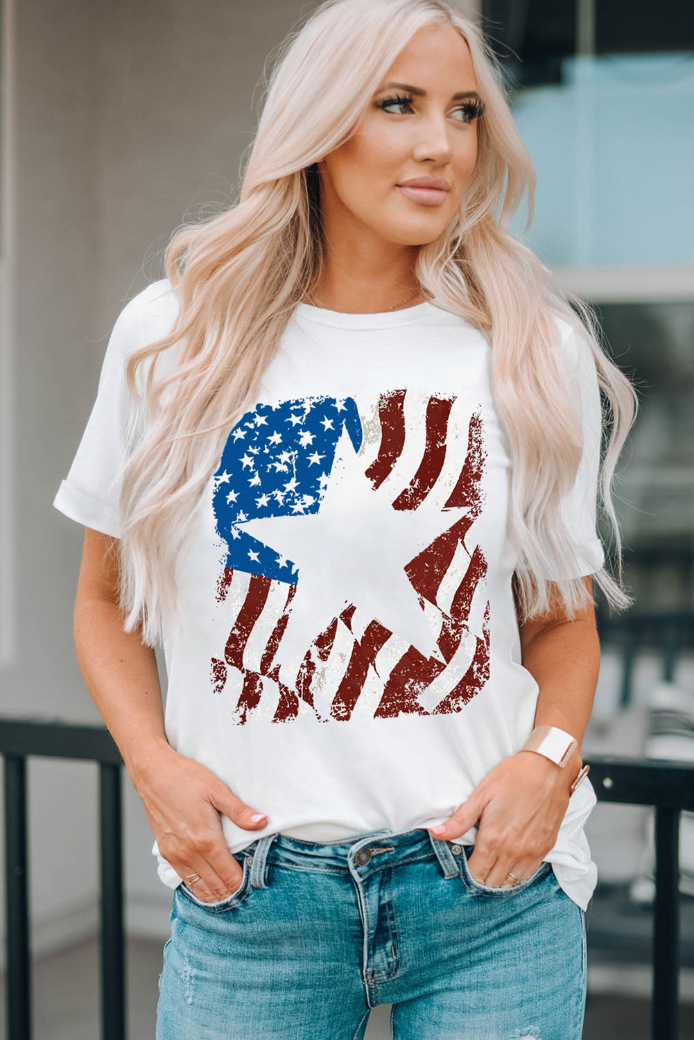 White American Flag Star Graphic Crew Neck T Shirt