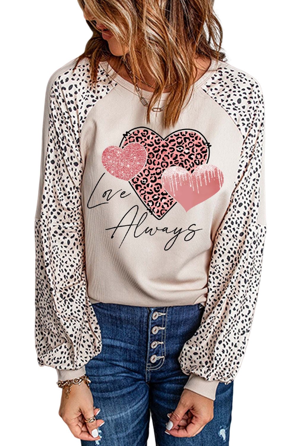 Khaki Love Always Heart Leopard Color Block Top