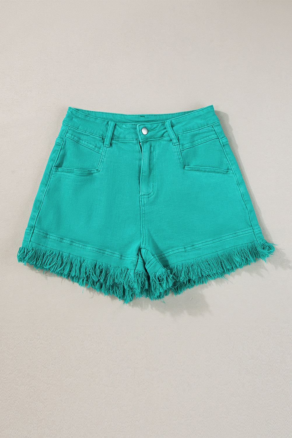 Turquoise Frayed Edge Mid Rise Denim Shorts