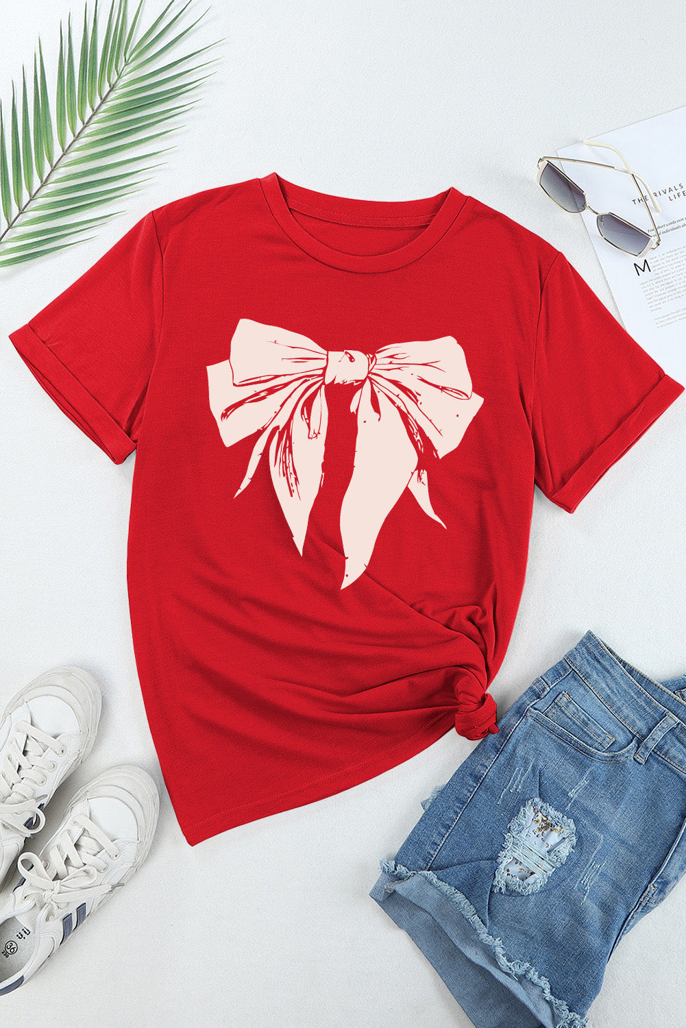 Red Cute Bow Knot Print Crew Neck T Shirt