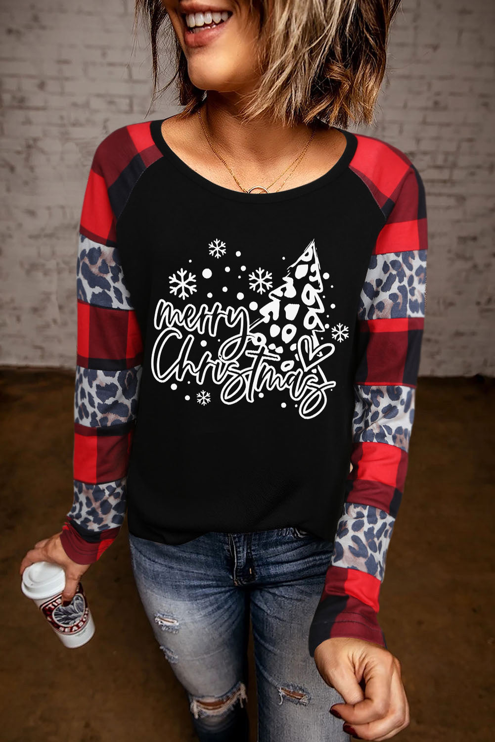 Black Merry Christmas Plaid Leopard Patchwork Long Sleeve Top