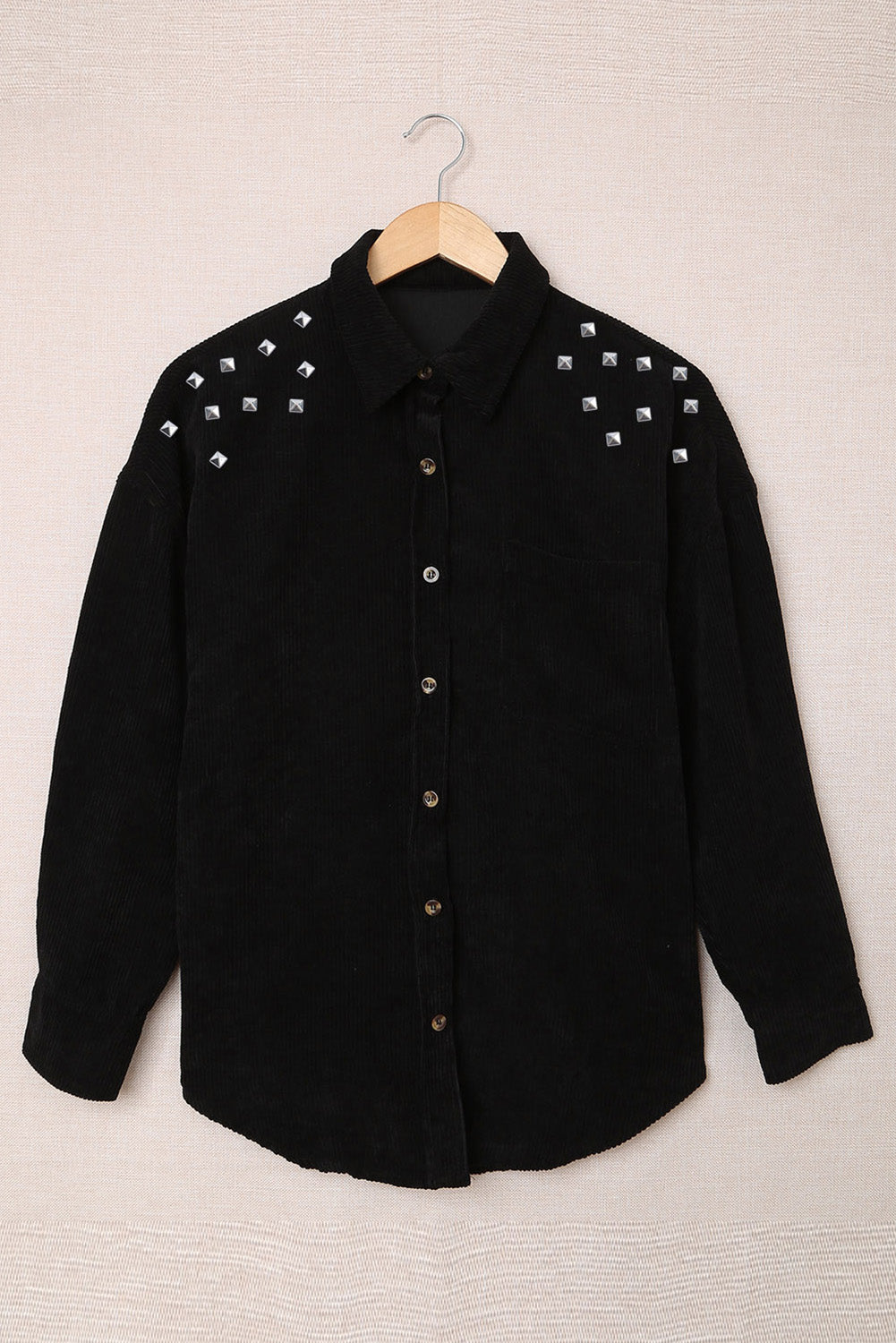 Black Beads Stud Corduroy Button up Shacket