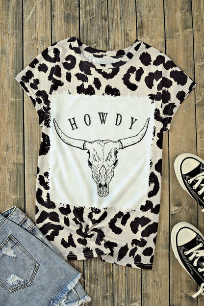 Leopard HOWDY Steer Head Leopard Bleached Crewneck T Shirt