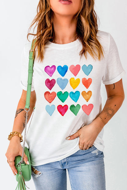 White Colorful Heart Shaped Print Crew Neck T Shirt