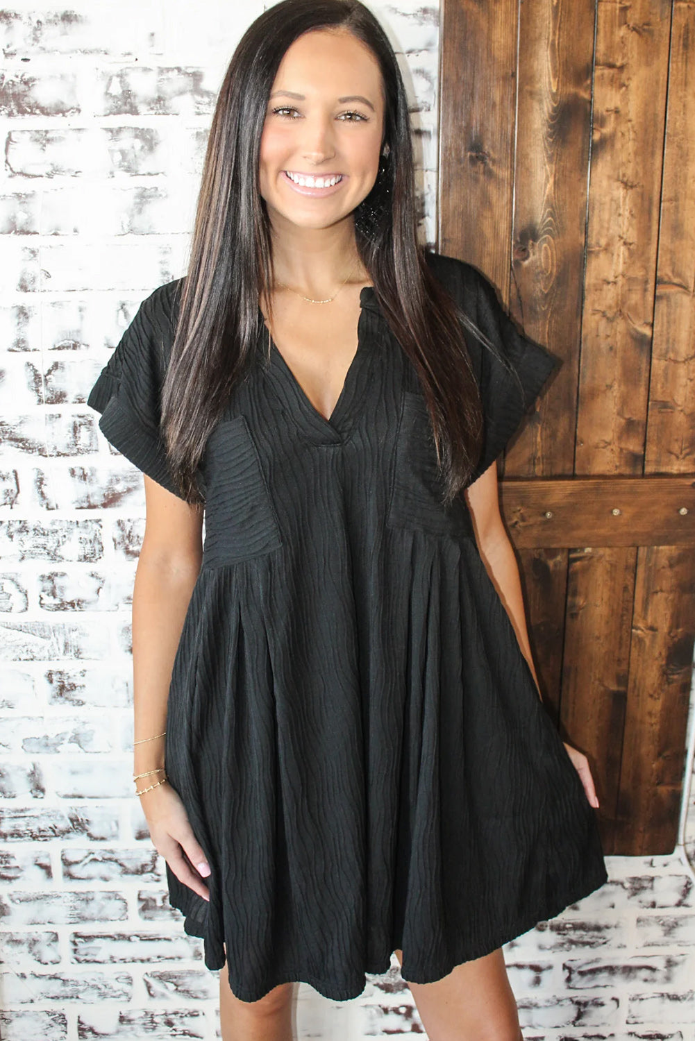 Black Textured V Neck Short Sleeve Pockted Mini Dress