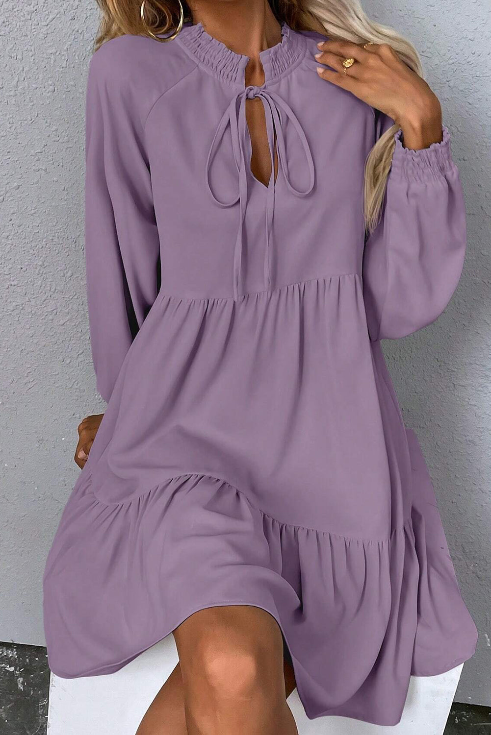 Lavendula Tie Split Neck Smocked Detail Long Puff Sleeve Ruffle Hem Loose Dress