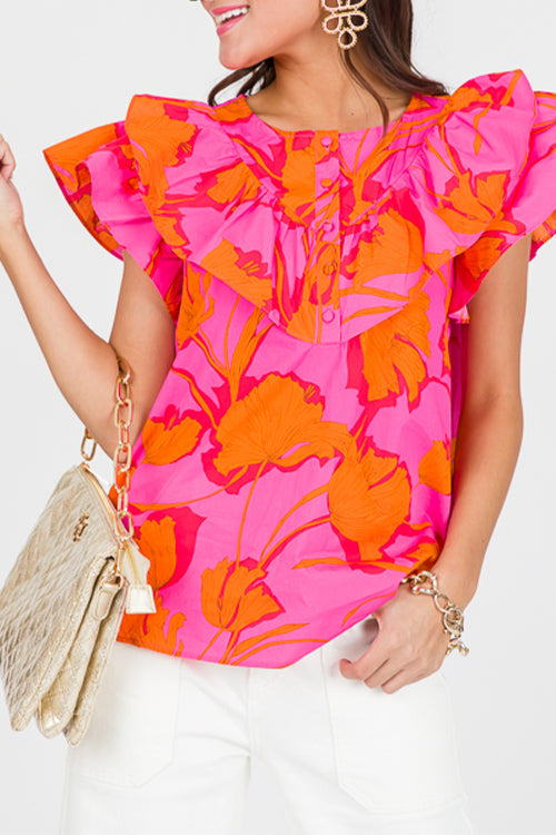 Rose Floral Ruffled Trim Flutter Sleeve Summer Top