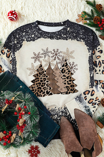 Black Christmas Tree Leopard Color Block Pullover Sweatshirt