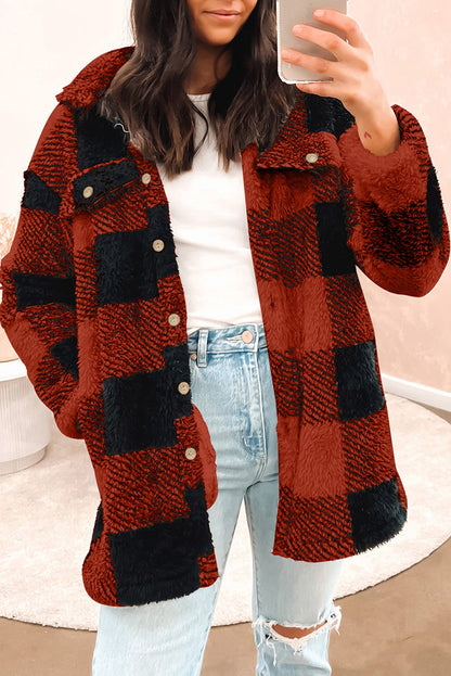 Brown Fuzzy Plaid Flap Button Up Midi Coat