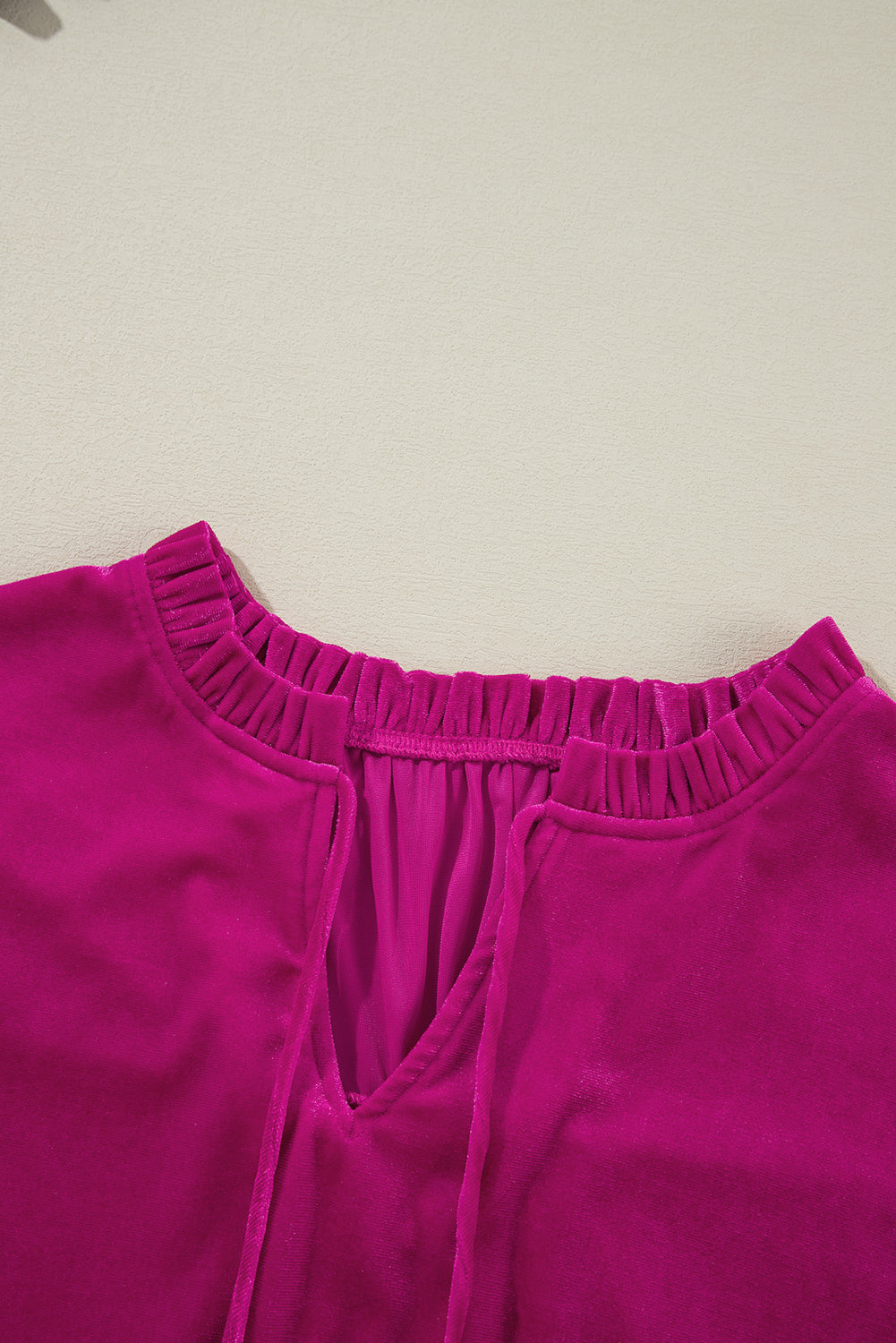 Bright Pink Plus Size Ruffled Sleeve V Neck Velvet Blouse