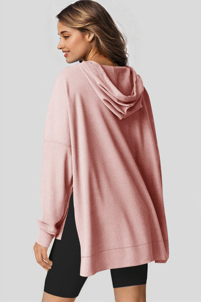 Light Pink Waffle Knit Fleece Lined High Low Oversized Hoodie