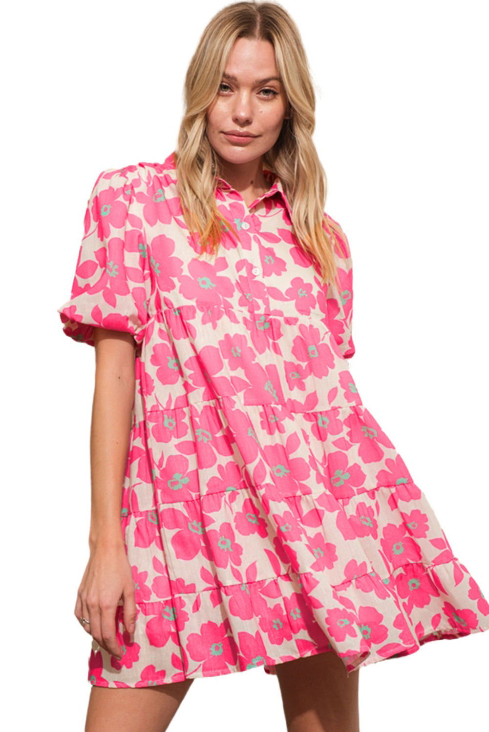 Pink Floral Tiered Puff Sleeve Mini Shirt Dress