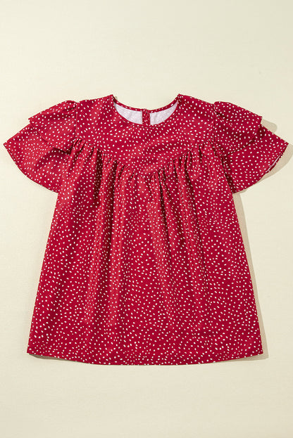 Fiery Red Dotted Ruffle Sleeve Crew Neck Ruched Blouse