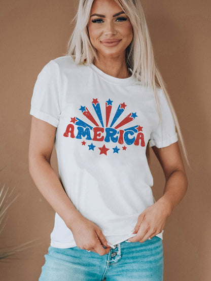 America Flag Print White Round Neck Tee