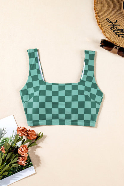 Green Checkered Print Square Neck Cropped Swim Top