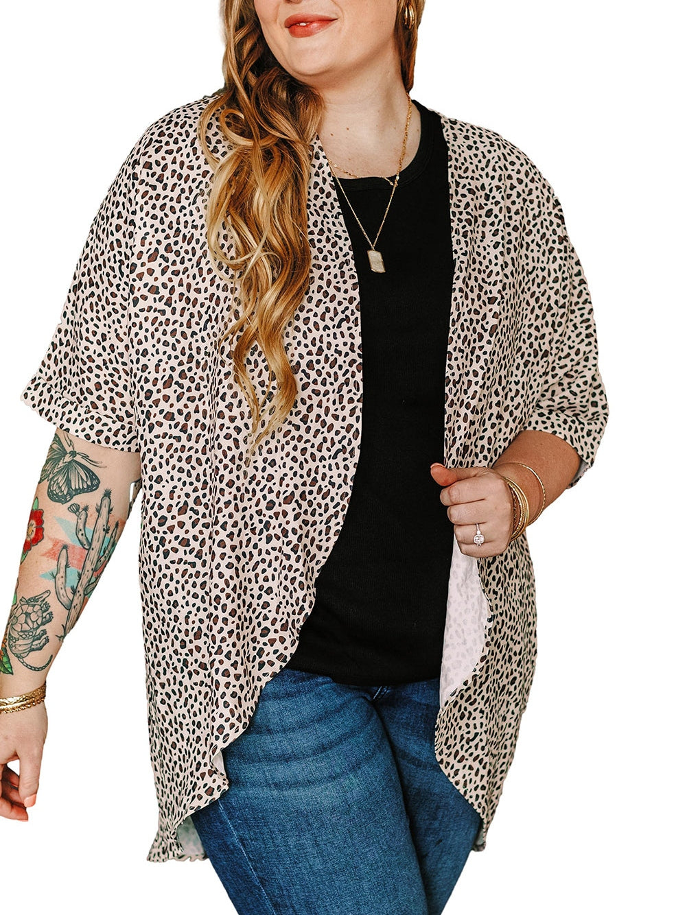 Leopard Print Khaki Plus Size Open Front Cardigan with Half Sleeves