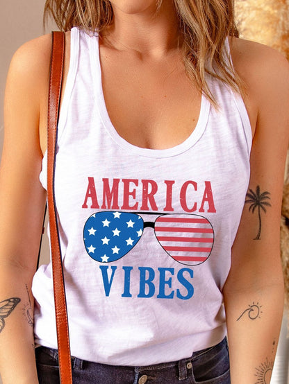 American Flag Print Graphic Sunglasses White Tank Top