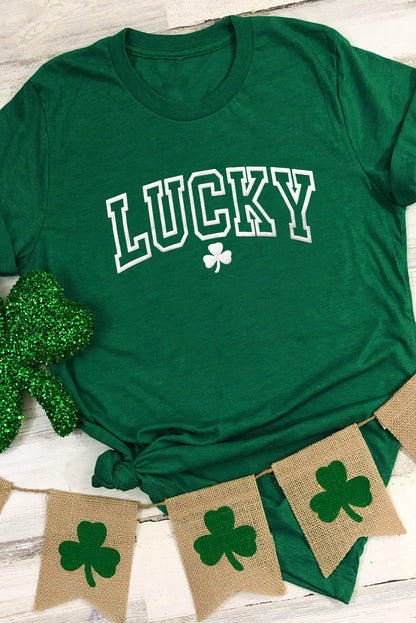 Green LUCKY Clover Puff Print Round Neck Casual T Shirt