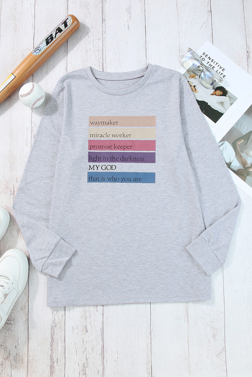 Gray MAY GOD Positive Words Print Long Sleeve Top