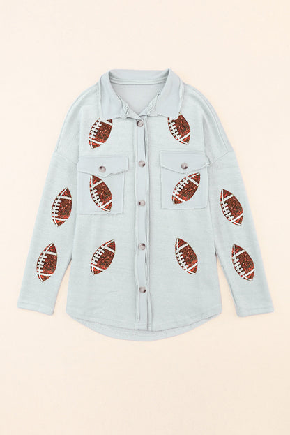 Gray Sequined Rugby Flap Pockets Buttoned Shacket