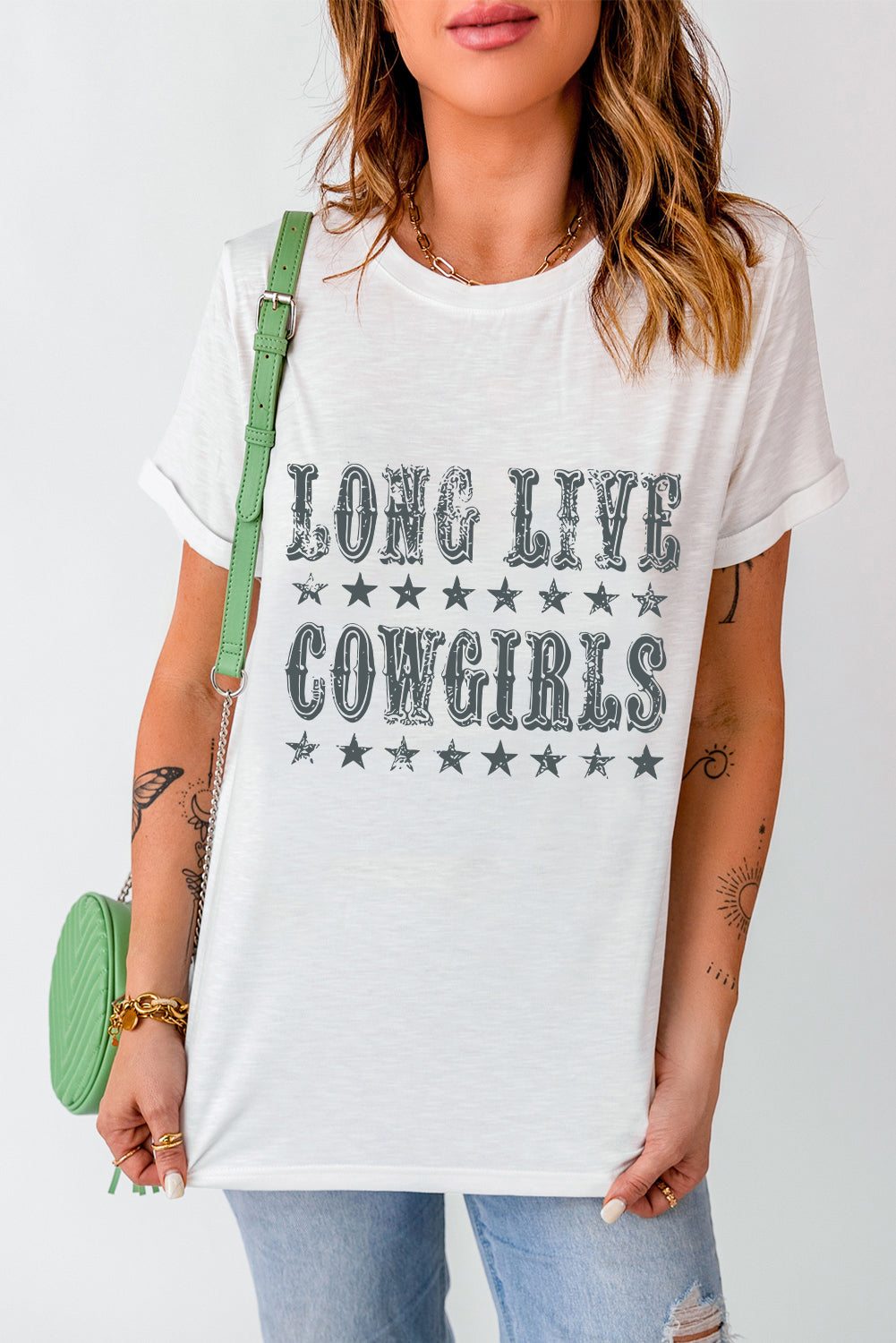 White LONG LIVE COWGIRLS Star Print Round Neck T Shirt