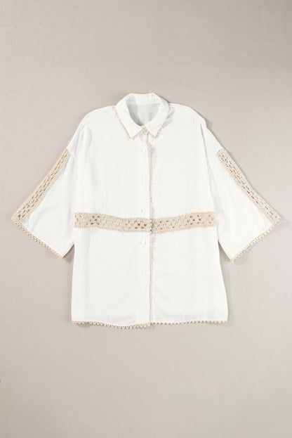 White Crochet Patchwork Half Sleeve Scallop Edge Shirt