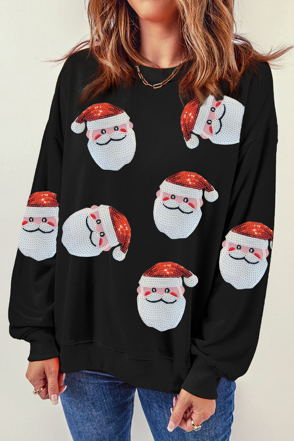 Black Santa Claus Sequin Graphic Sweatshirt