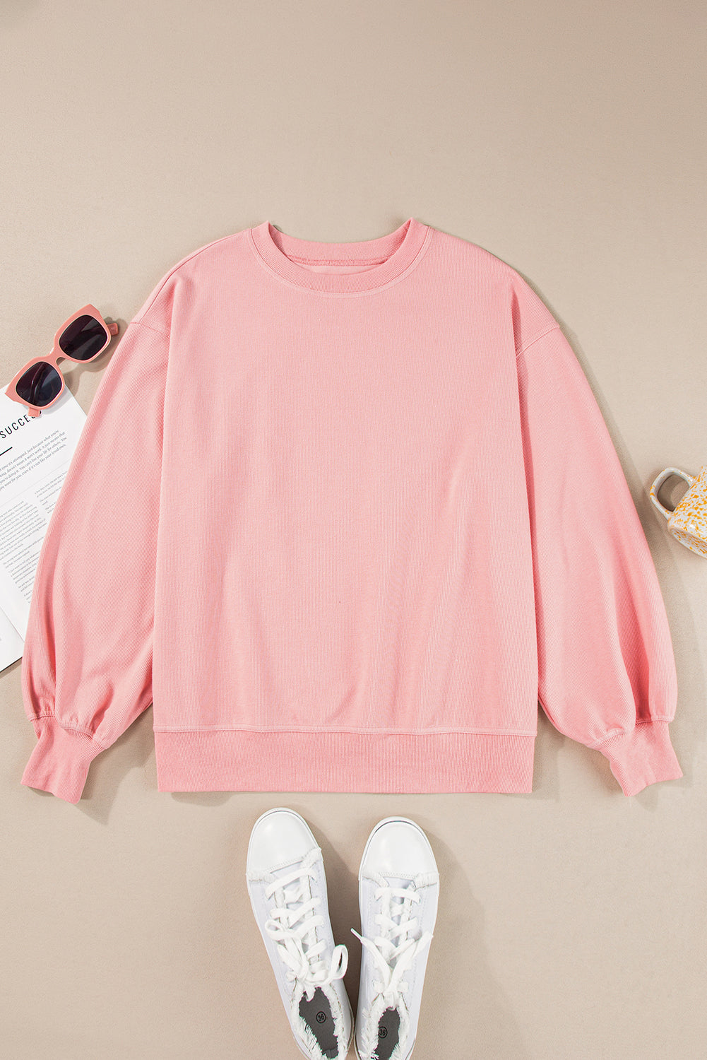 Pink Loose Drop Shoulder Ribbed Sweatshirt