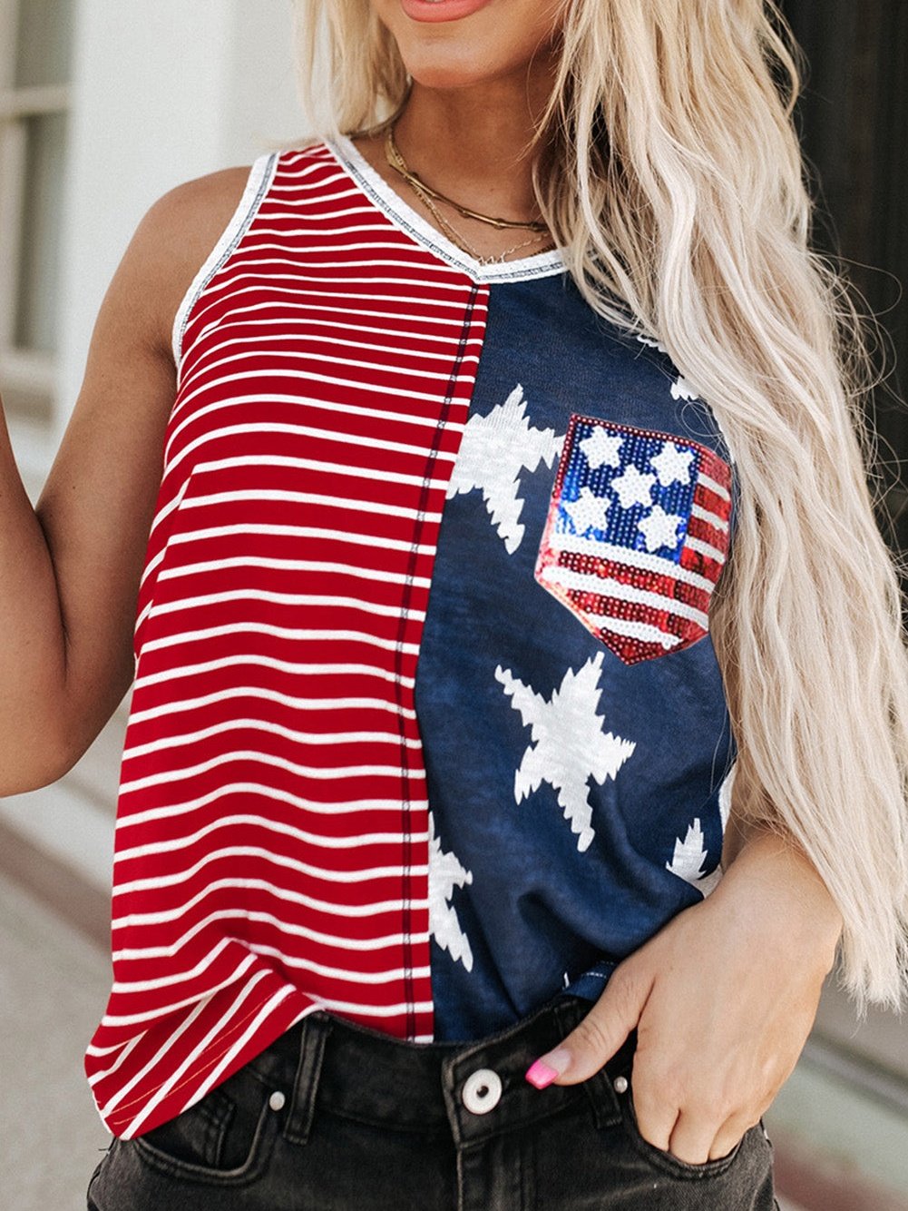 American Flag Sequin Patchwork V Neck Tank Top with Red Stripes