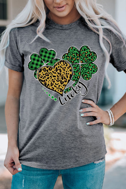 Gray Leopard Plaid Heart Clover Graphic T Shirt