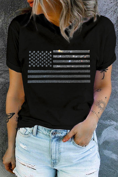 Black Glittering Rhinestone American Flag Pattern T Shirt