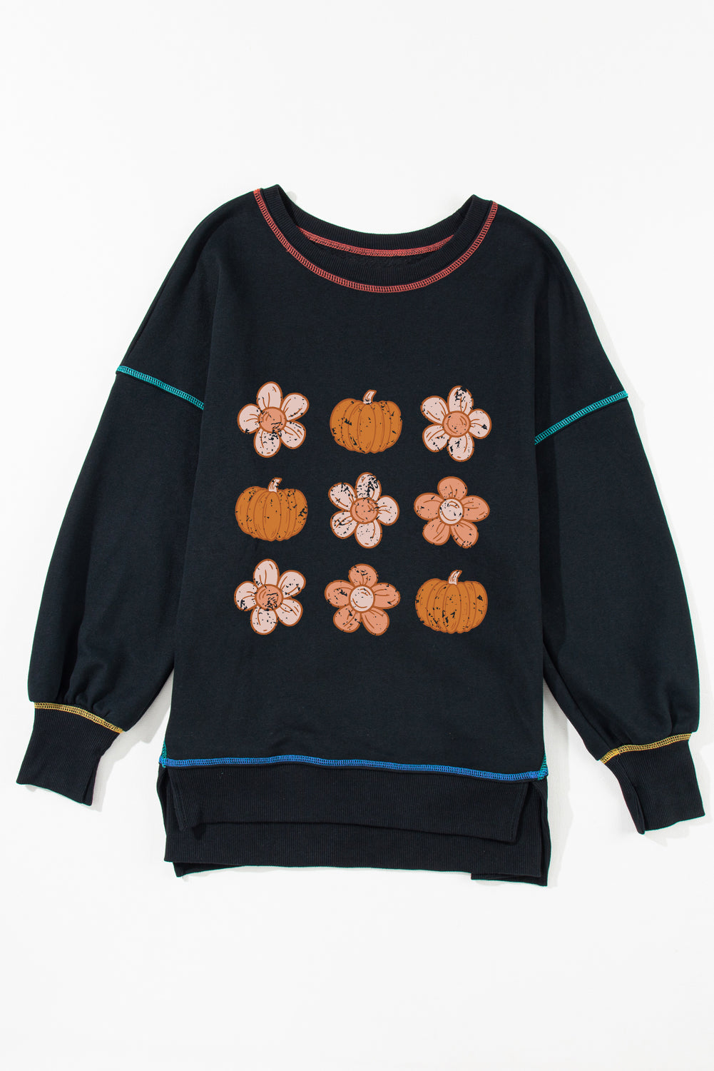 Black Floral Pumpkin Graphic Split Lantern Sleeve Seamed Sweatshirt