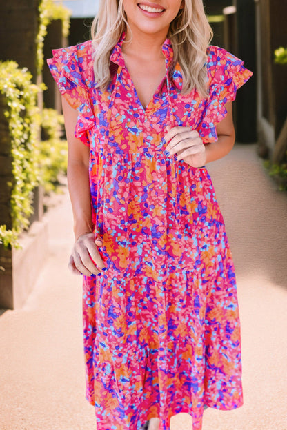 Multicolour Abstract Floral Print Ruffle Tiered Sleeve Midi Dress