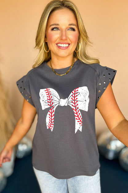 Dark Grey Baseball Bowknot Graphic Studded Cap Sleeve T Shirt